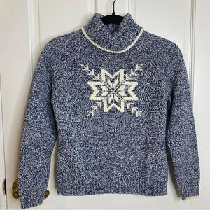 Vintage Liz Claiborne Blue Marled Knit Long Sleeve Snowflake Turtleneck …